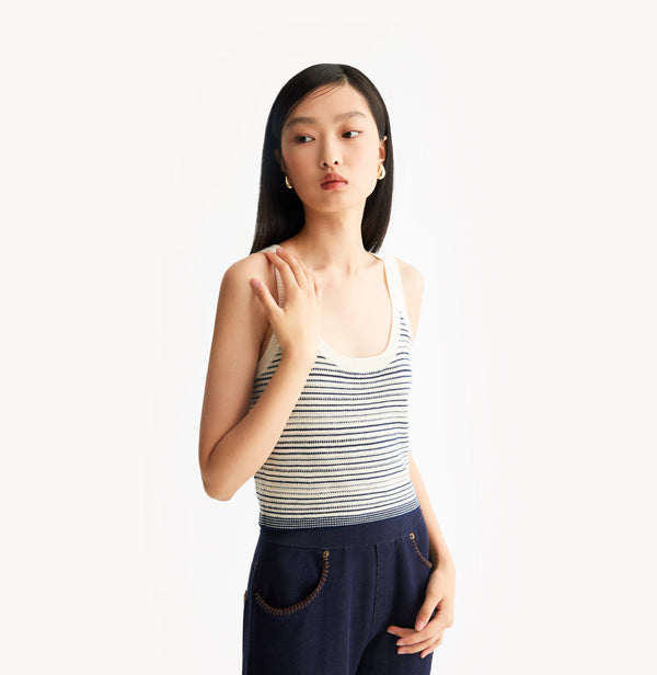 Blue and white striped wool tank top with U-neck and refined pinstripe. left-view