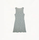 Blue and white striped linen blend tank mini dress with cinched waist, flared hem, and white neckline/armhole trim.