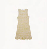 Yellow and white stripes linen blend tank mini dress with cinched waist, flared hem, and white neckline/armhole trim.