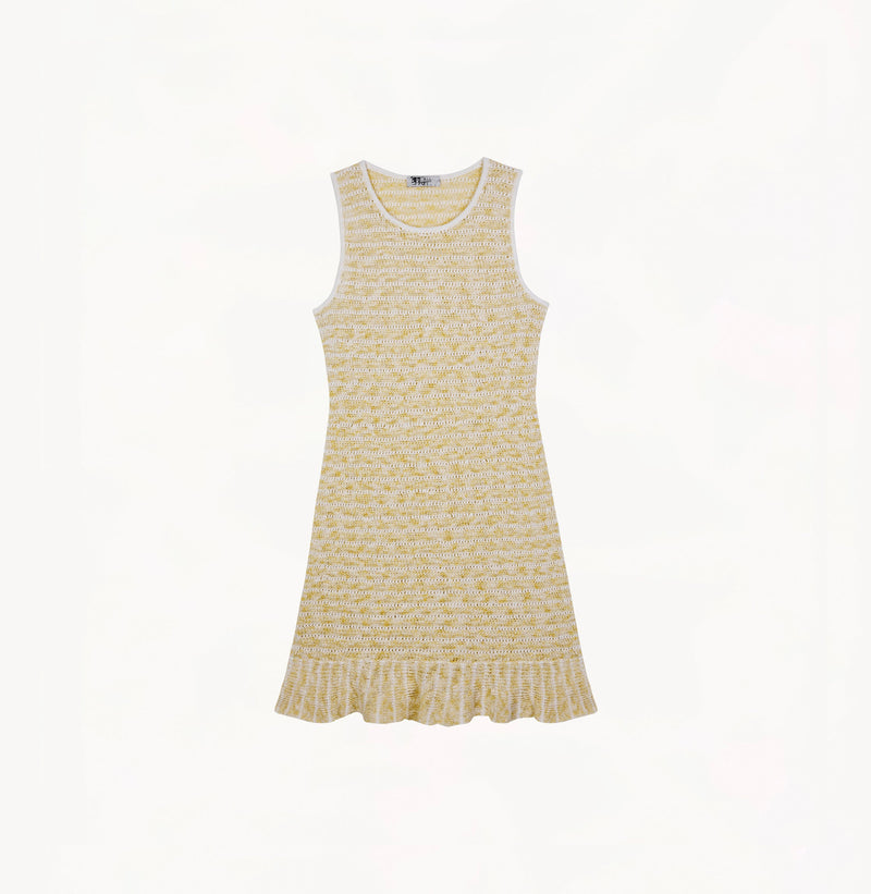 Yellow and white stripes linen blend tank mini dress with cinched waist, flared hem, and white neckline/armhole trim.