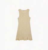 Yellow and white stripes linen blend tank mini dress with cinched waist, flared hem, and white neckline/armhole trim.