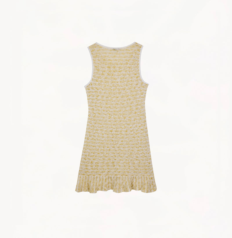 Yellow and white stripes linen blend tank mini dress with cinched waist, flared hem, and white neckline/armhole trim.