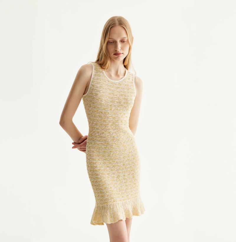 Yellow and white stripes linen blend tank mini dress with cinched waist, flared hem, and white neckline/armhole trim.