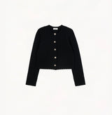 Black jacquard-textured sweater jacket in wool blend with boxy silhouette and long sleeves.