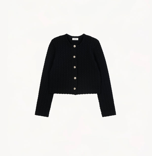 Black jacquard-textured sweater jacket in wool blend with boxy silhouette and long sleeves.