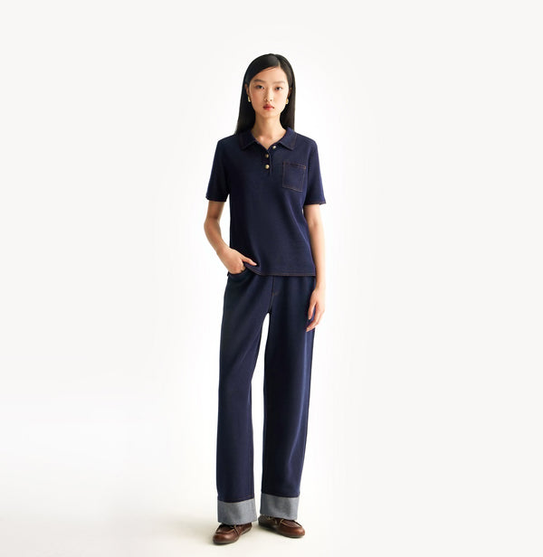 Navy blue denim-look trousers in cotton blend. front-view