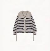Blue bouclé wool V-neck tweed cardigan sweater with metallic threads and matching belt.