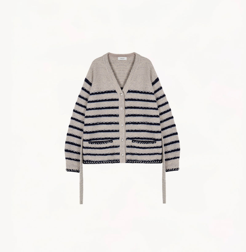 Blue bouclé wool V-neck tweed cardigan sweater with metallic threads and matching belt.