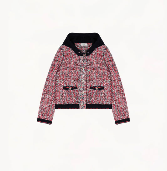 Heather black/white speckled tweed jacket for women with shoulder pads and detachable hood.