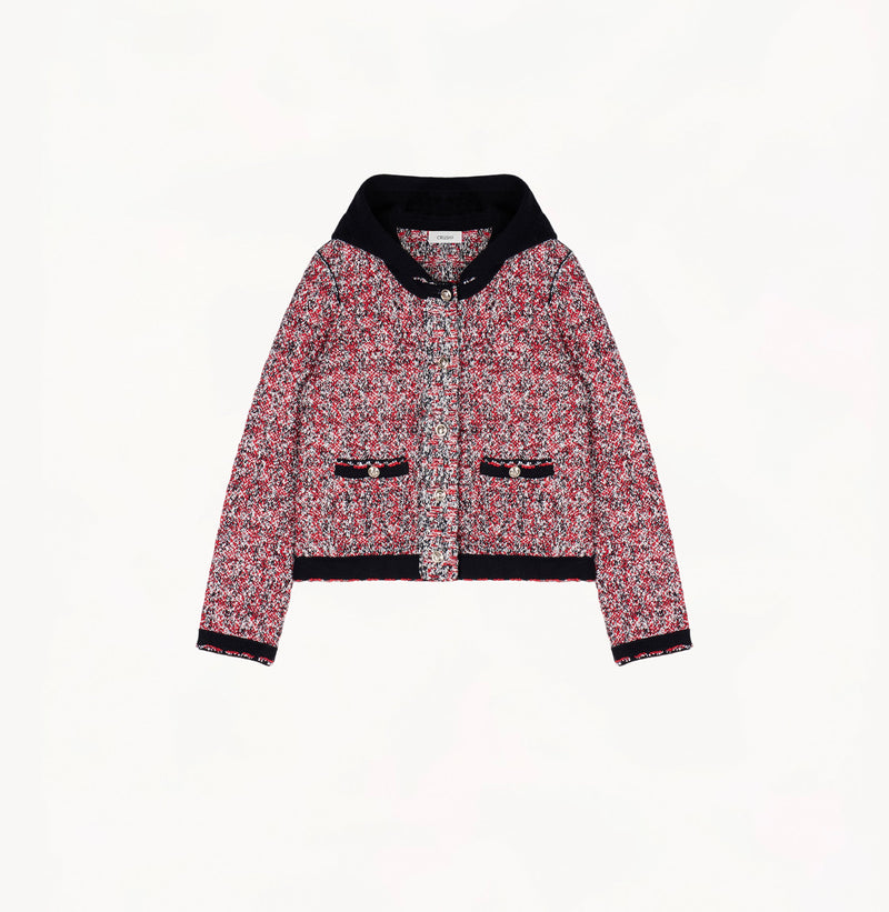 Heather black/white speckled tweed jacket for women with shoulder pads and detachable hood.