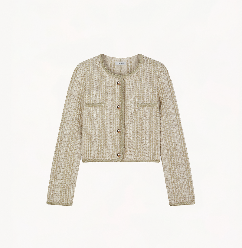 Tweed jacket for women in metallic champagne gold.