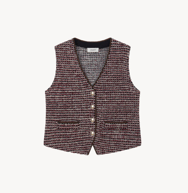 Boucle tweed vest in Gingham burgundy.