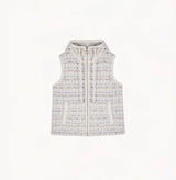 White womens tweed vest with relaxed fit hooded design metallic ring zip high collar and adjustable drawstring hem.
