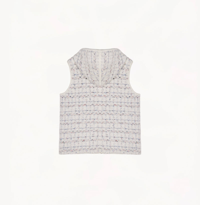 White womens tweed vest with relaxed fit hooded design metallic ring zip high collar and adjustable drawstring hem.