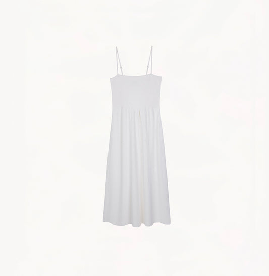 Chinese-inspired lily floral dress with cinched waist and gathered pleats in white.