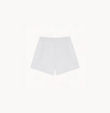 White sheepskin shorts with relaxed pleated design and elastic waistband.