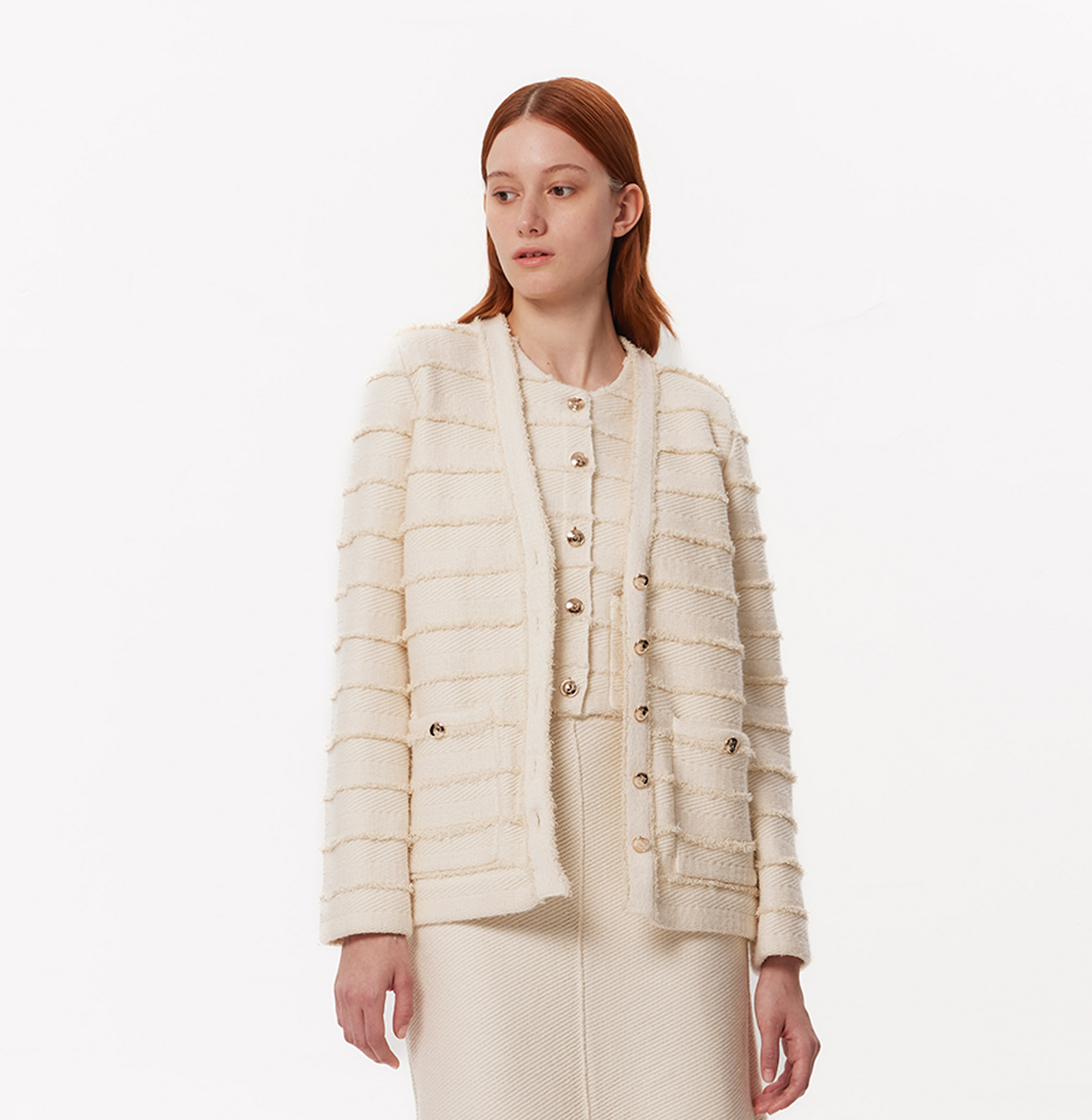【INCHANT ME】Watts U-Neck Tweed Jacket Sequin Check Tweed Jacket – St. John Knits