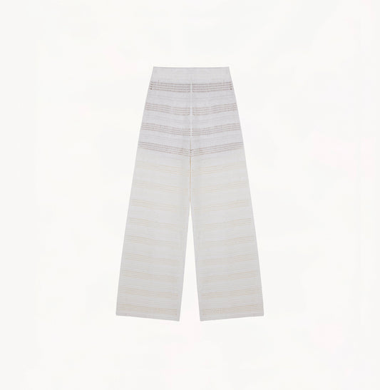 White linen trousers with sequin accents and straight-leg design.