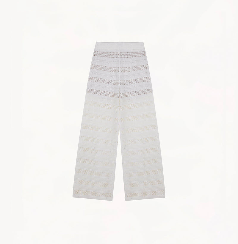 White linen trousers with sequin accents and straight-leg design.