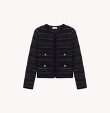 Womens boucle jacket in black and grey stripes.