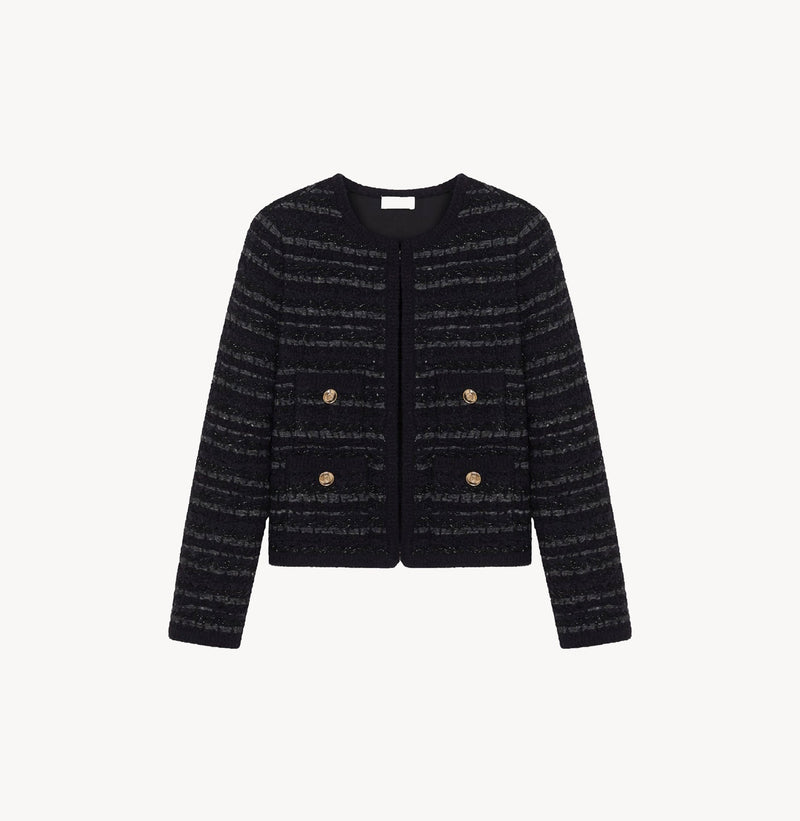 Womens boucle jacket in black and grey stripes.