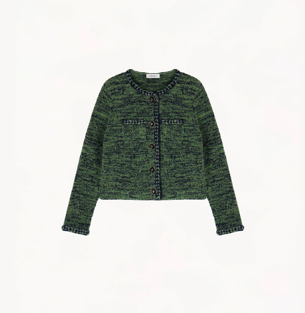 Green wool-cashmere blend brown coat with camo-inspired texture and velvet-metal logo buttons.