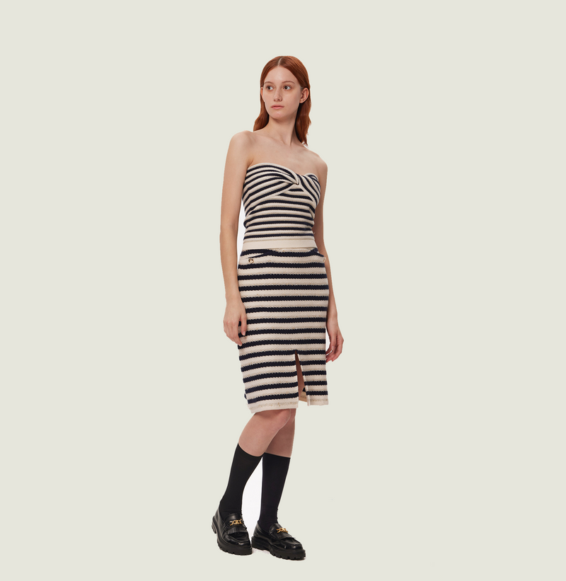 Wool bandeau top in blue and white jacquard stripes. left-view