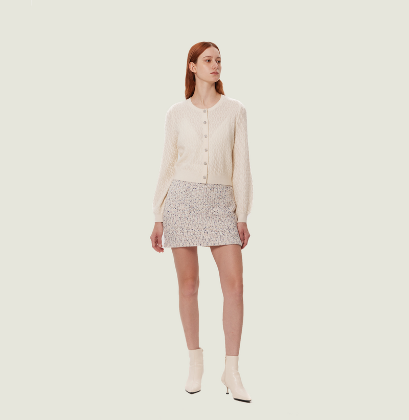 Wool boucle skirt in white. front-view