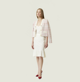 Wool collared jacket in gingham pink orange white jacquard. front-view