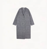 Grey melange wool-cashmere herringbone coat for women with structured texture and notch lapel.