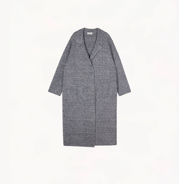 Grey melange wool-cashmere herringbone coat for women with structured texture and notch lapel.