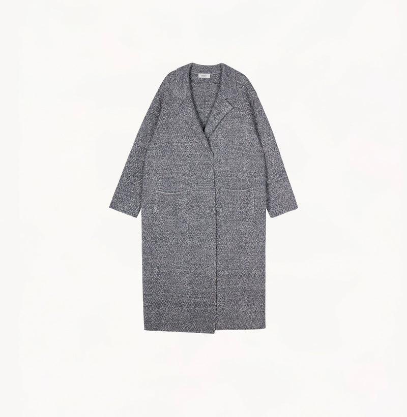 Grey melange wool-cashmere herringbone coat for women with structured texture and notch lapel.