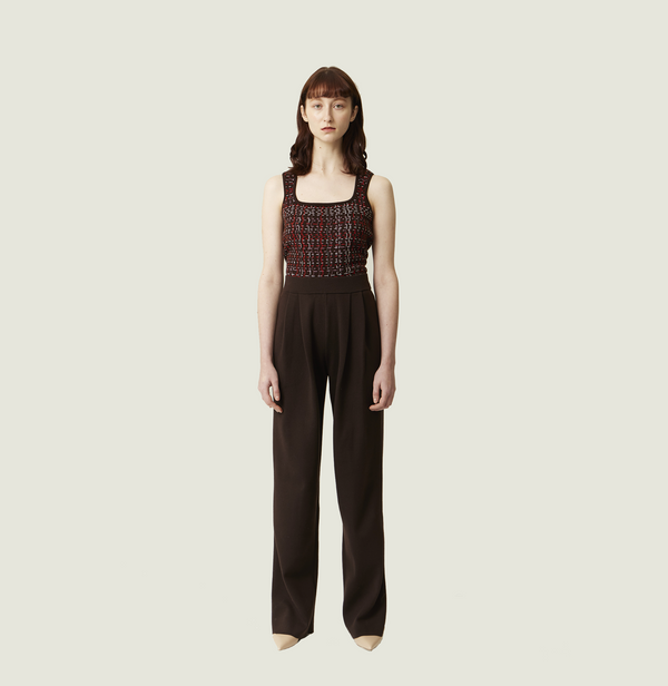 Wool jacquard top in gingham brown orange white. front-view