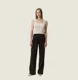 Wool jacquard top in gingham pink orange white. left-view