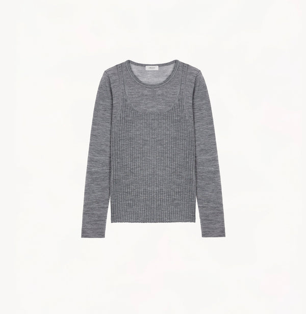 Grey wool layered top in 18 gauge knit with fitted crewneck and dimensional rib jersey texture.