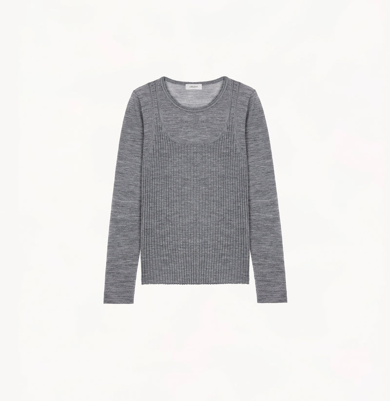 Grey wool layered top in 18 gauge knit with fitted crewneck and dimensional rib jersey texture.