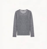 Grey wool layered top in 18 gauge knit with fitted crewneck and dimensional rib jersey texture.