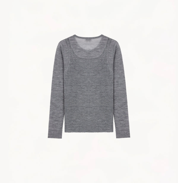 Grey wool layered top in 18 gauge knit with fitted crewneck and dimensional rib jersey texture.