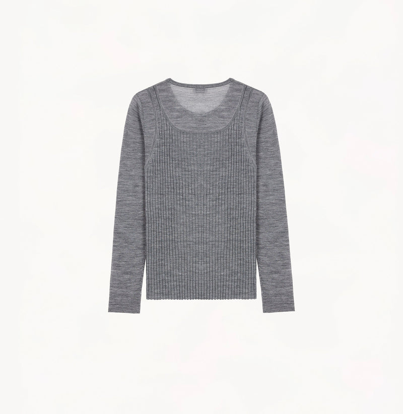 Grey wool layered top in 18 gauge knit with fitted crewneck and dimensional rib jersey texture.