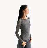 Grey wool layered top in 18 gauge knit with fitted crewneck and dimensional rib jersey texture. left-view.