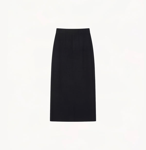 Black wool maxi skirt in thick texture with seamless belt-friendly waistband.