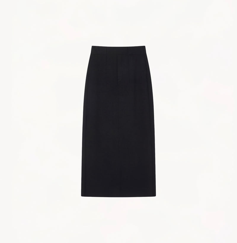 Black wool maxi skirt in thick texture with seamless belt-friendly waistband.