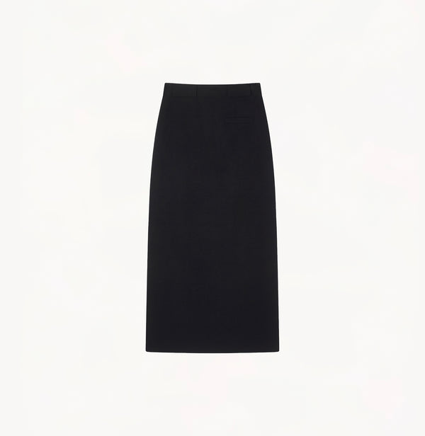 Black wool maxi skirt in thick texture with seamless belt-friendly waistband.