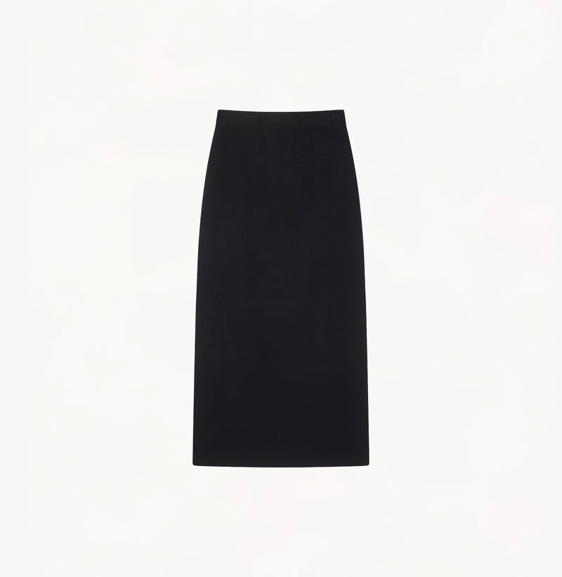 Black wool maxi skirt in thick texture with seamless belt-friendly waistband.