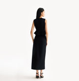 Black wool maxi skirt in thick texture with seamless belt-friendly waistband.rear-view.