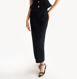 Black wool maxi skirt in thick texture with seamless belt-friendly waistband.left-view.