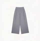 Grey wool-blend metallic wide-leg pants for women with structured finish.