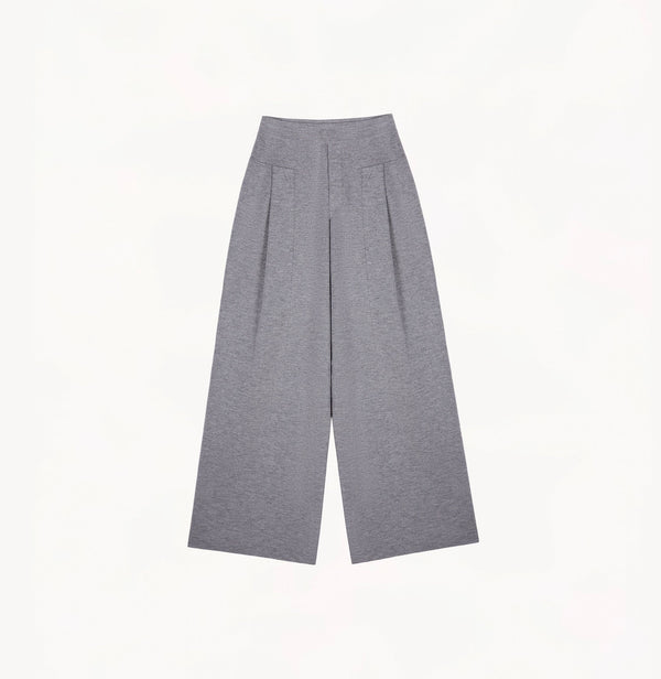Grey wool-blend metallic wide-leg pants for women with structured finish.