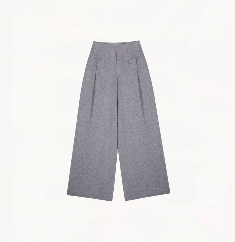 Grey wool-blend metallic wide-leg pants for women with structured finish.