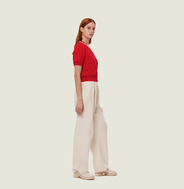 Wool pointelle knit sweater in chilli with balloon sleeves. right-view